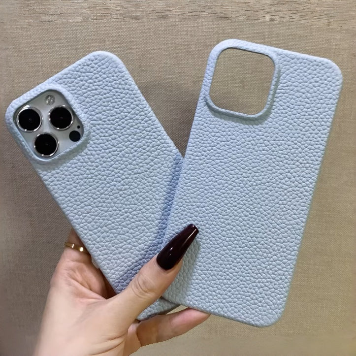Hand-Crafted Vanilla White & Powder Blue Leather Phone Case – Compatible with iPhone 14 Series