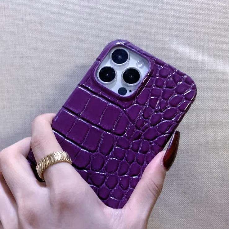 Hand-Crafted Leather Crocodile-Embossed Mulberry Purple Phone Case – Compatible with iPhone 15 Series