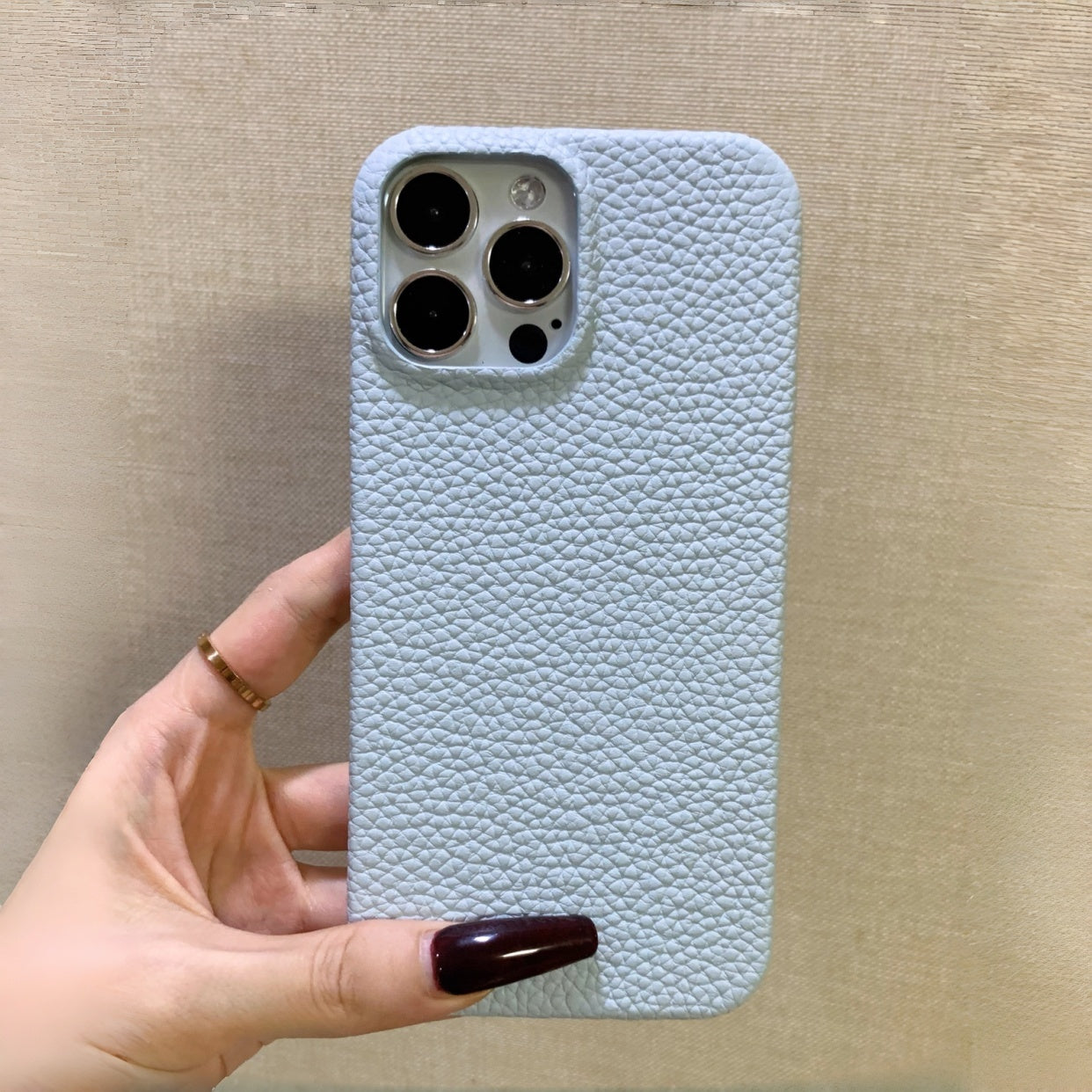 Hand-Crafted Vanilla White & Powder Blue Leather Phone Case – Compatible with iPhone 14 Series