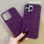 Hand-Crafted Leather Crocodile-Embossed Mulberry Purple Phone Case – Compatible with iPhone 15 Series