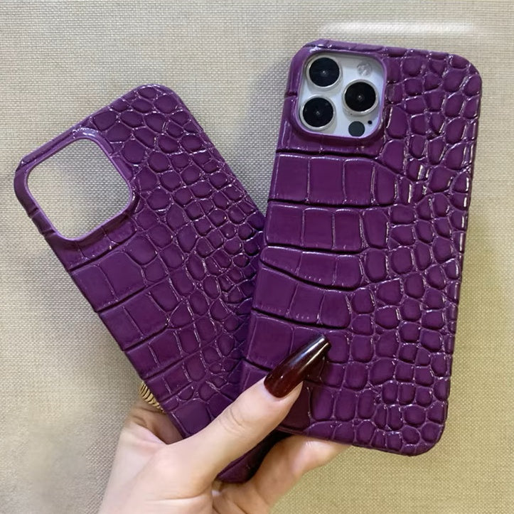 Hand-Crafted Leather Crocodile-Embossed Mulberry Purple Phone Case – Compatible with iPhone 15 Series