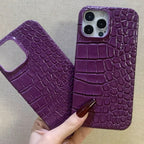 Hand-Crafted Leather Crocodile-Embossed Mulberry Purple Phone Case – Compatible with iPhone 15 Series
