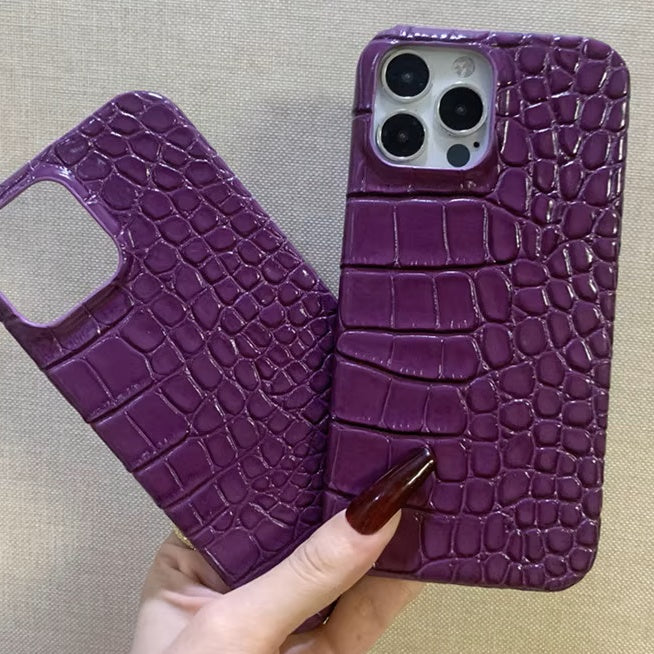 Hand-Crafted Leather Crocodile-Embossed Mulberry Purple Phone Case – Compatible with iPhone 15 Series