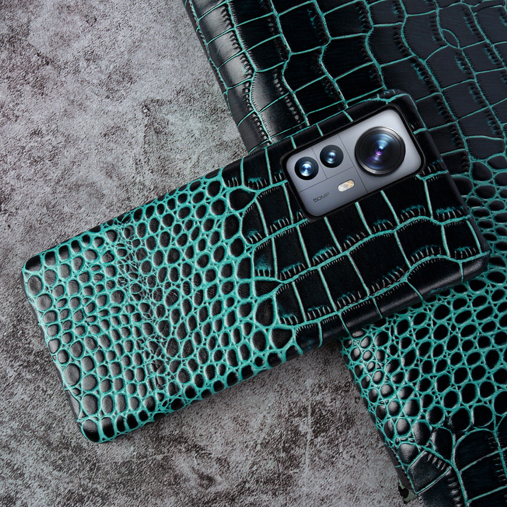 Close-up of crocodile embossed leather texture on luxury iPhone case - Dark Green color for iPhone 17 