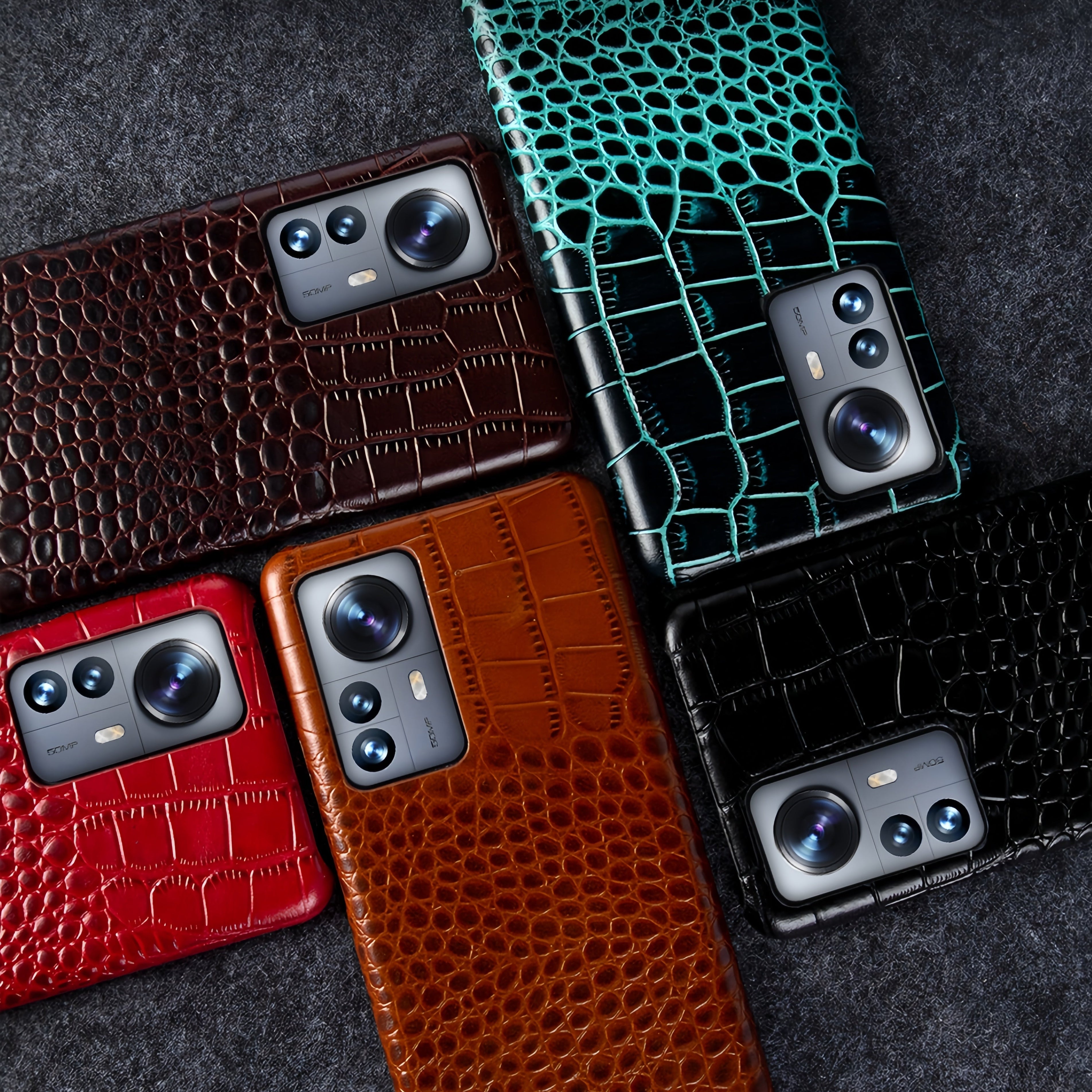 Close-up of crocodile embossed leather texture on luxury iPhone case